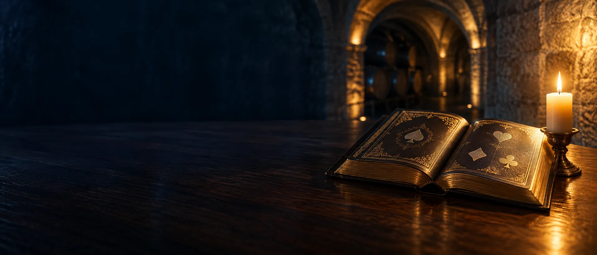 Open leather-bound book beside a candle in a vaulted wine cellar tasting room