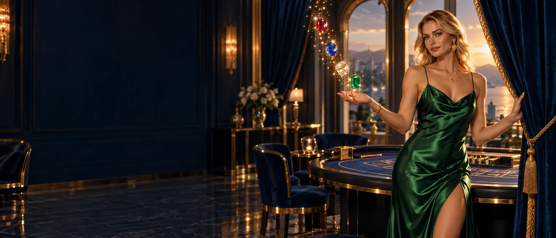 Woman beside a baccarat table with gem-symbol icons cascading past her open hand