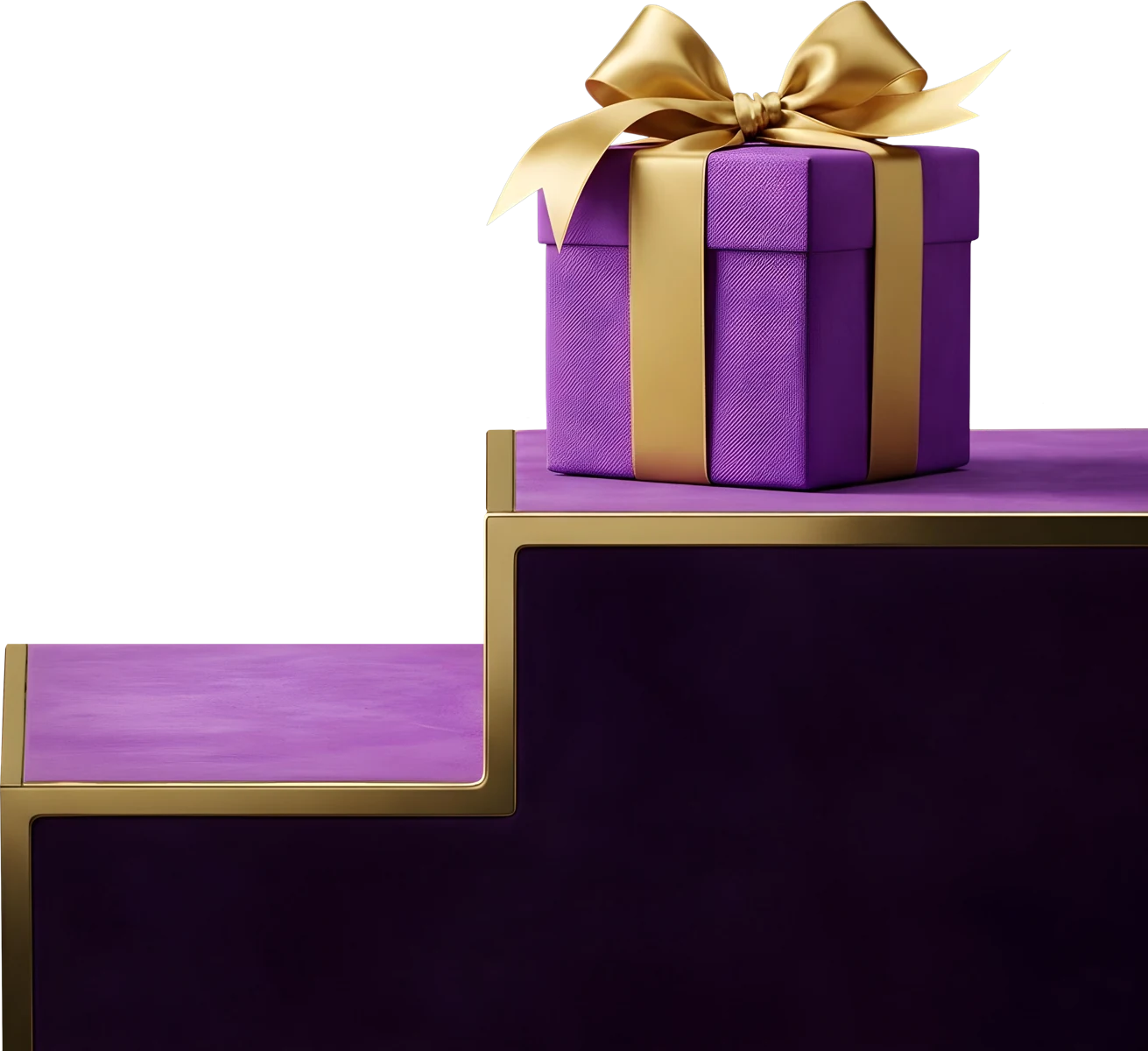 A wrapped purple gift box with a gold satin bow, styled like a bonus feature waiting to be opened