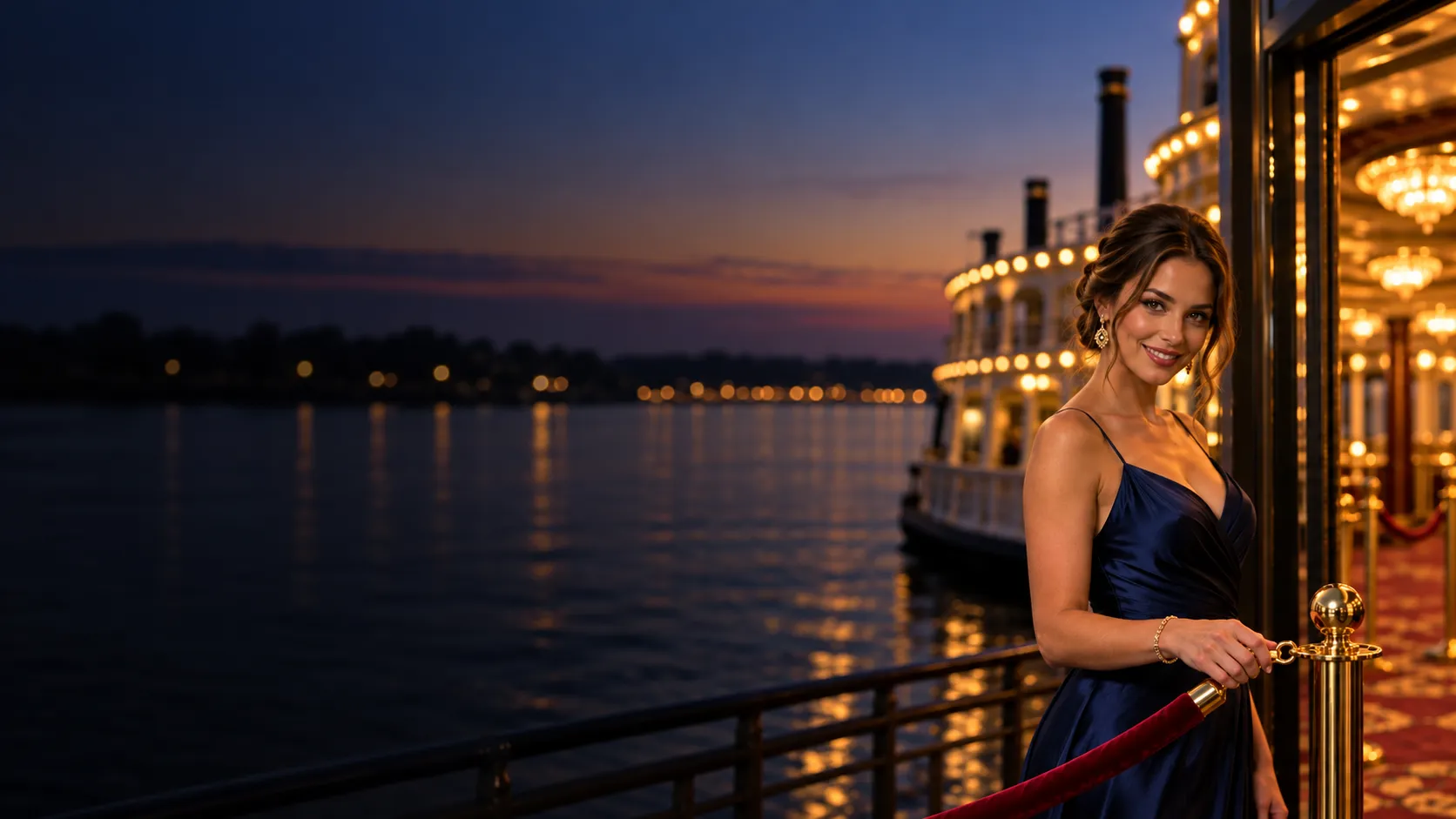 Elegant woman unclasping a velvet rope to welcome guests into a riverboat casino at dusk