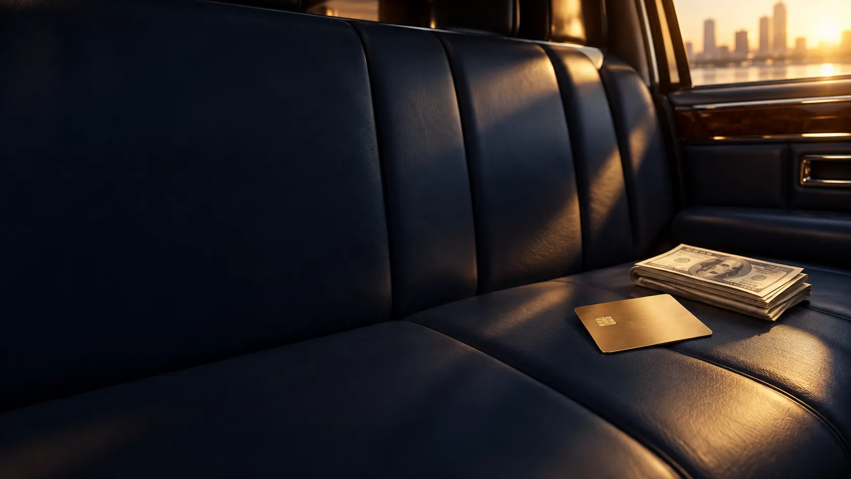 Gold credit card resting on dark leather limousine seating beside banknotes