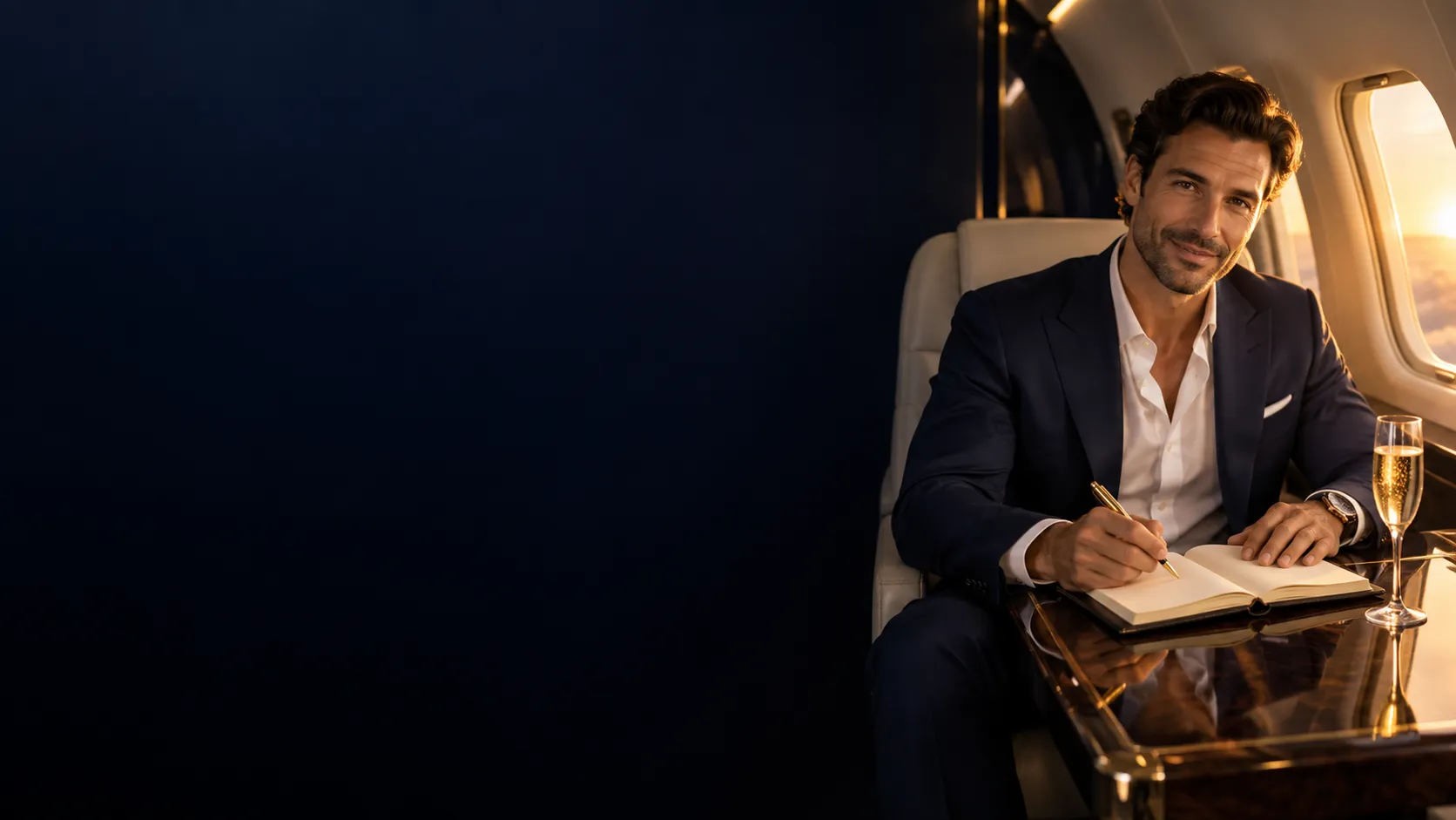 Marcus Delorme, the guide author, writing notes in a private jet cabin