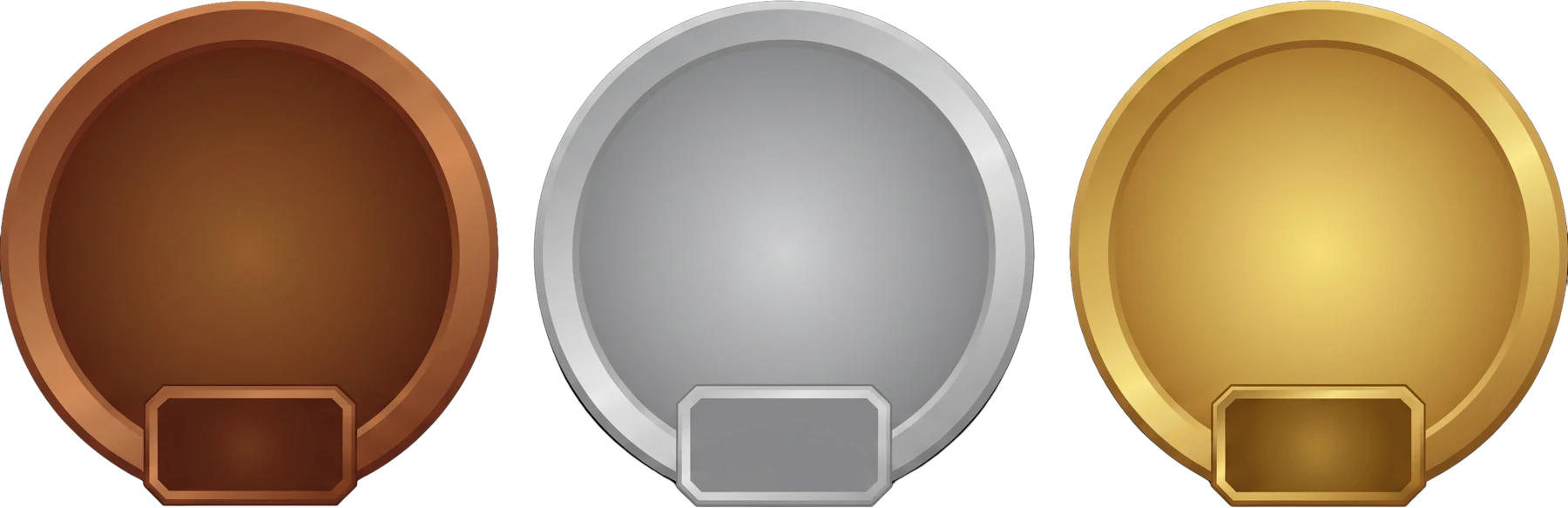 Three empty medal frames for bronze, silver and gold placements, left blank