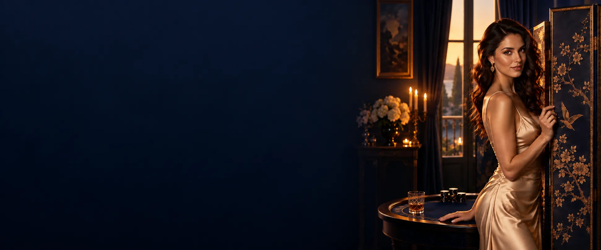 Woman drawing a silk privacy screen closed in a candlelit card room