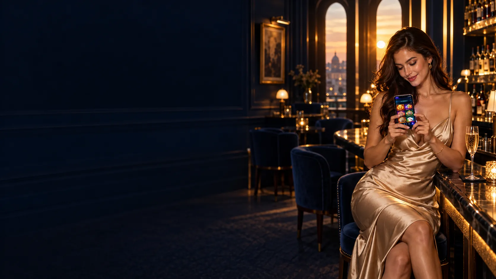 Woman leaning on a bar counter holding a lit smartphone, browsing Here2Win Casino on mobile