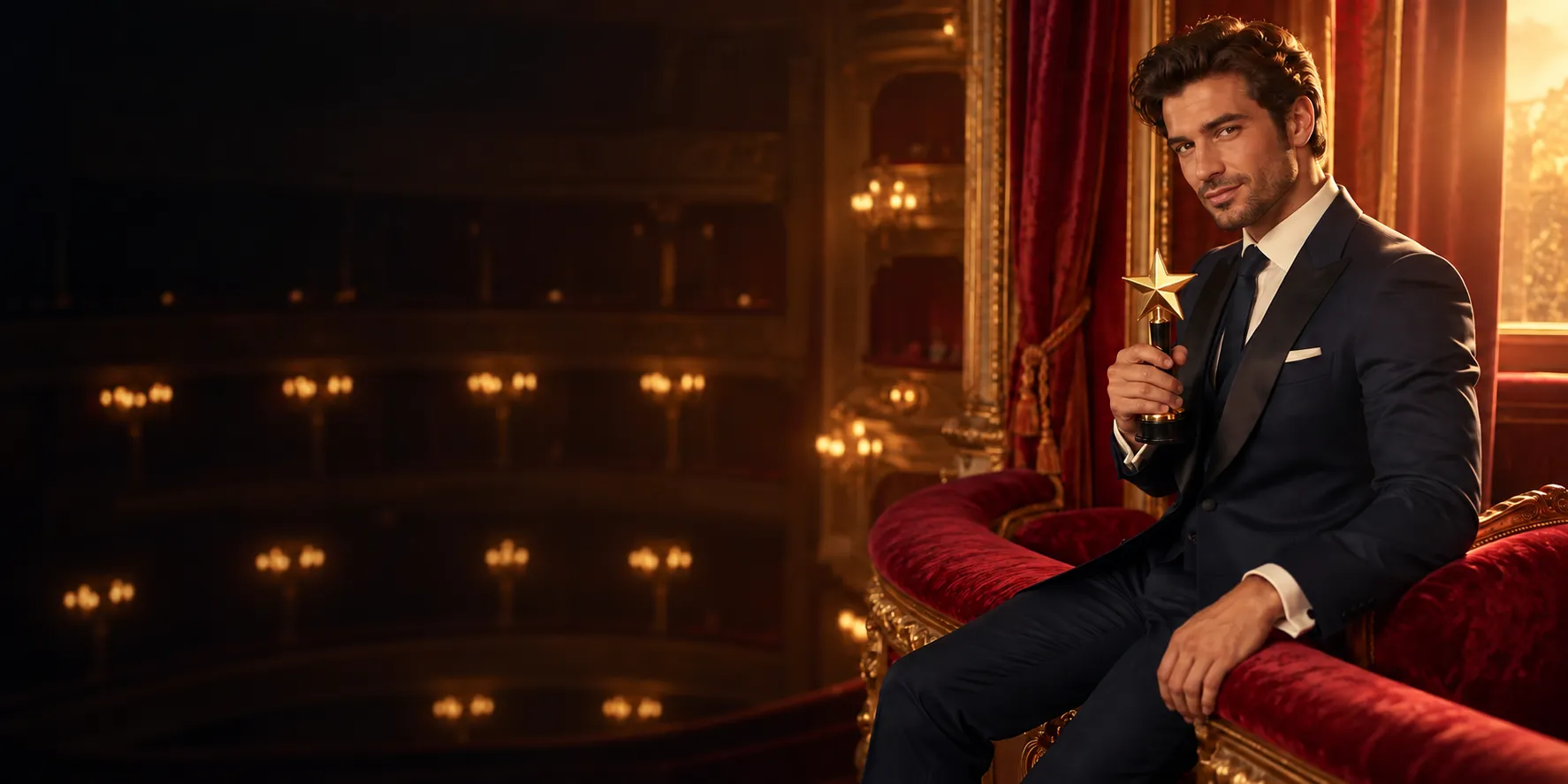 Man in a velvet opera box holding a golden star trophy, framing this Here2Win Casino review