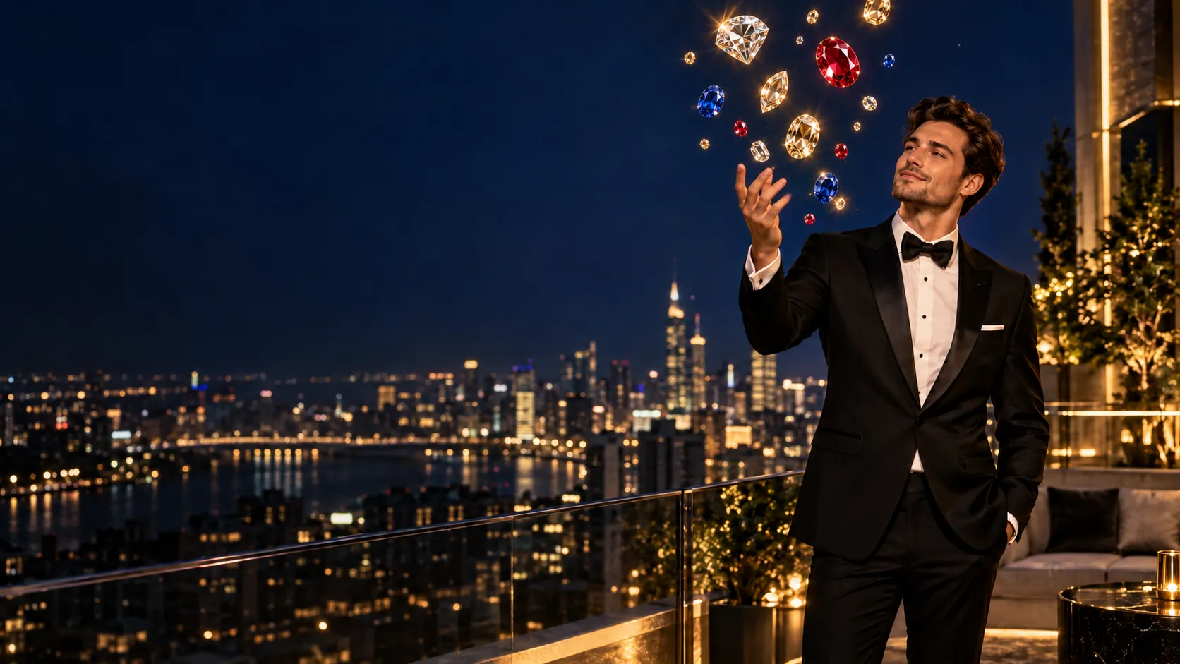 Man on a rooftop terrace reaching toward a cascade of glowing gem symbols