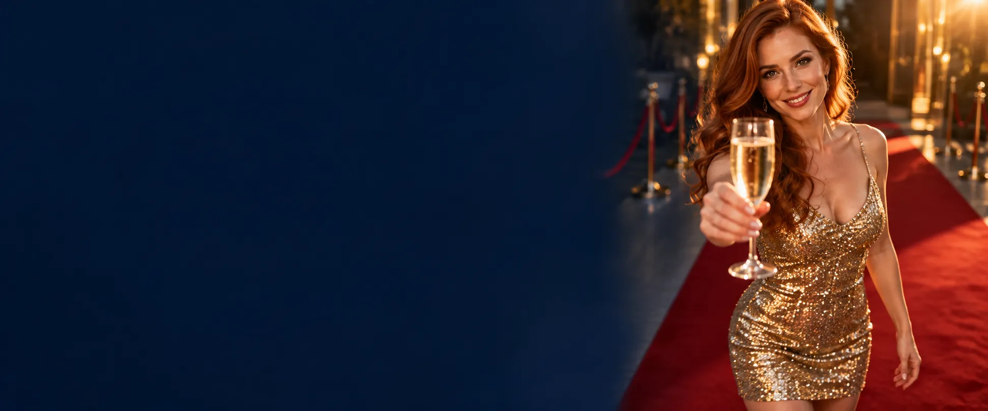 Woman on a red carpet extending a welcome glass of champagne to arriving Here2Win Casino players