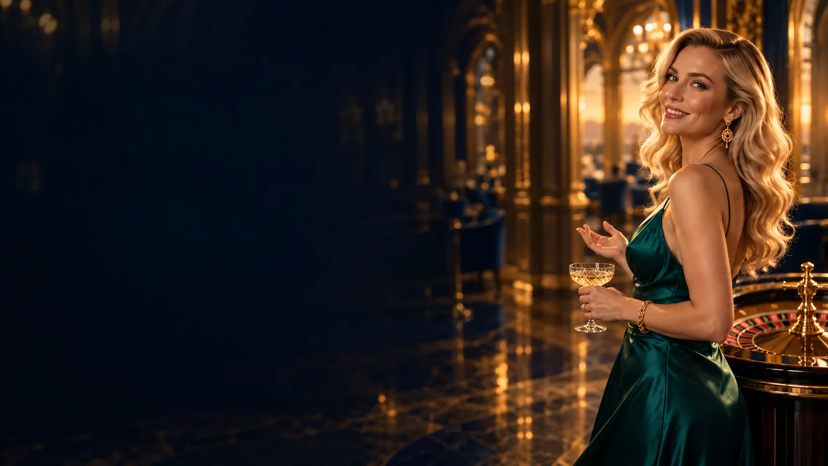 Woman gesturing in explanation beside a gilded roulette hall